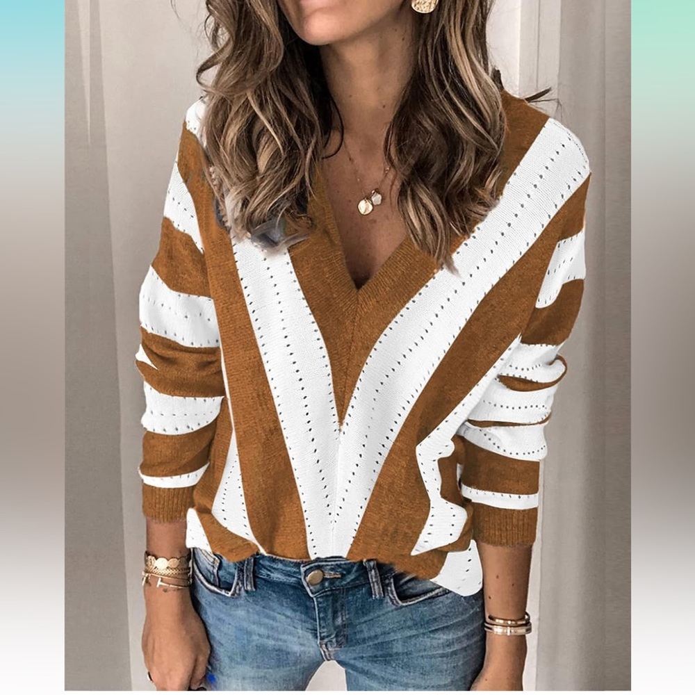 White and brown v-neck sweater. Like new, Never worn.